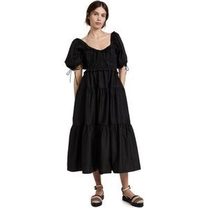 En Saison Women's XS Black Poplin Midi Dress Puff Sleeve Tiered Ruffle Casual